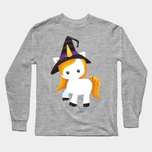 Halloween, Cute Unicorn, Magic Unicorn, Witch Hat Long Sleeve T-Shirt